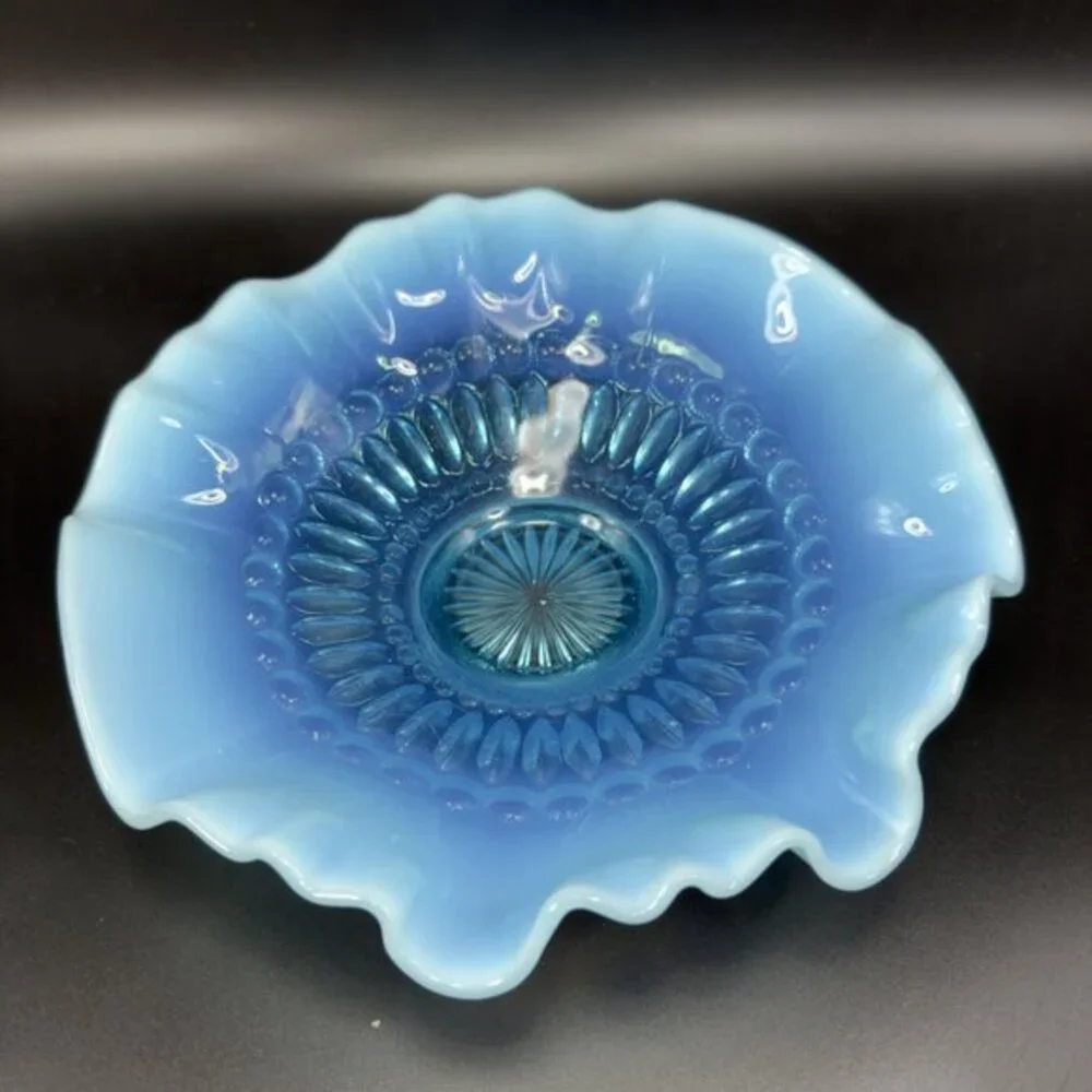 Vintage Opalescent Aqua Blue Scalloped‎ Edge Depression Glass Dish Bowl 8inch